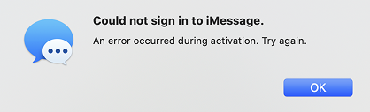 iMessage activation error dialog