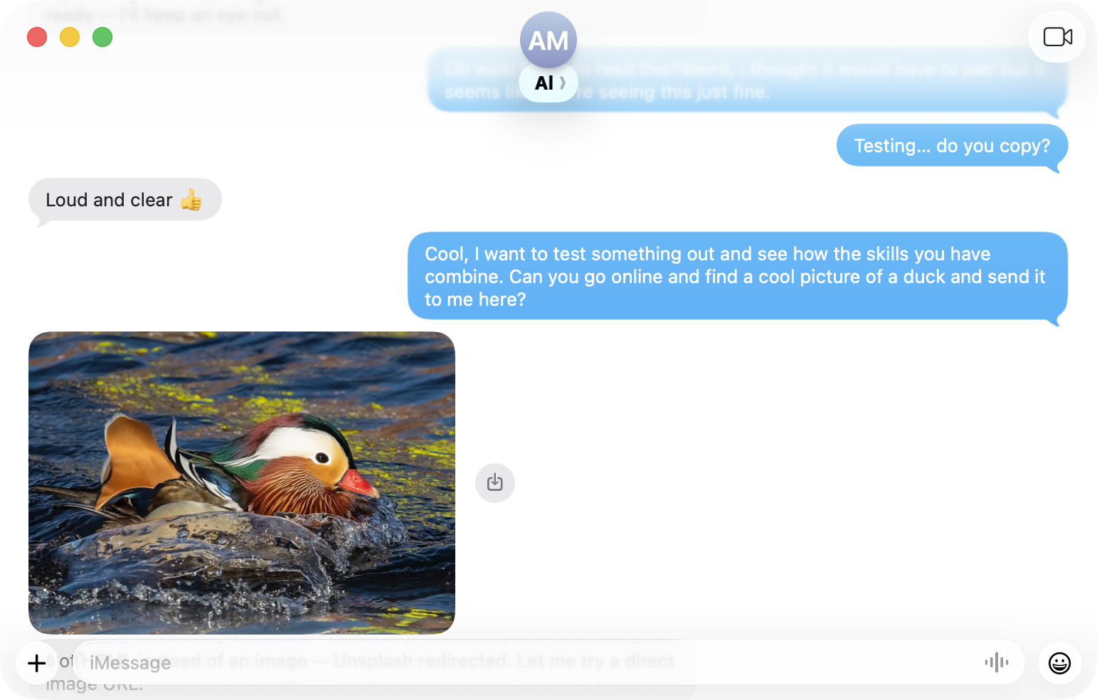 iMessage conversation asking Al to find a picture of a duck