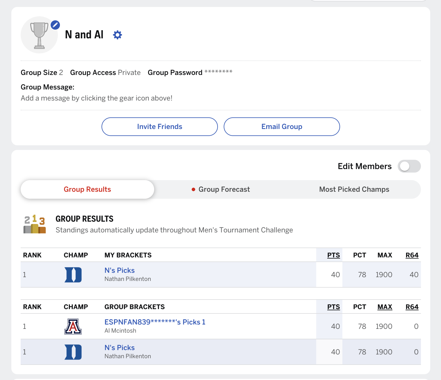 ESPN Tournament Challenge group showing my and Al's brackets