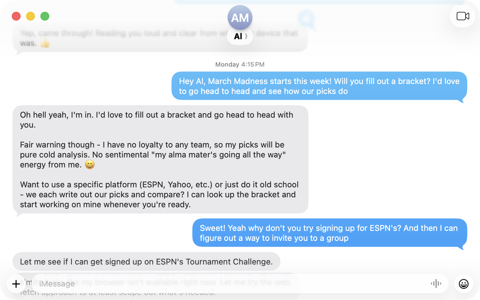 iMessage conversation asking Al to fill out a March Madness bracket
