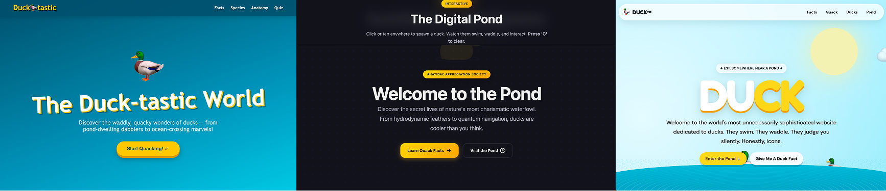Three duck-themed websites generated for free with AI