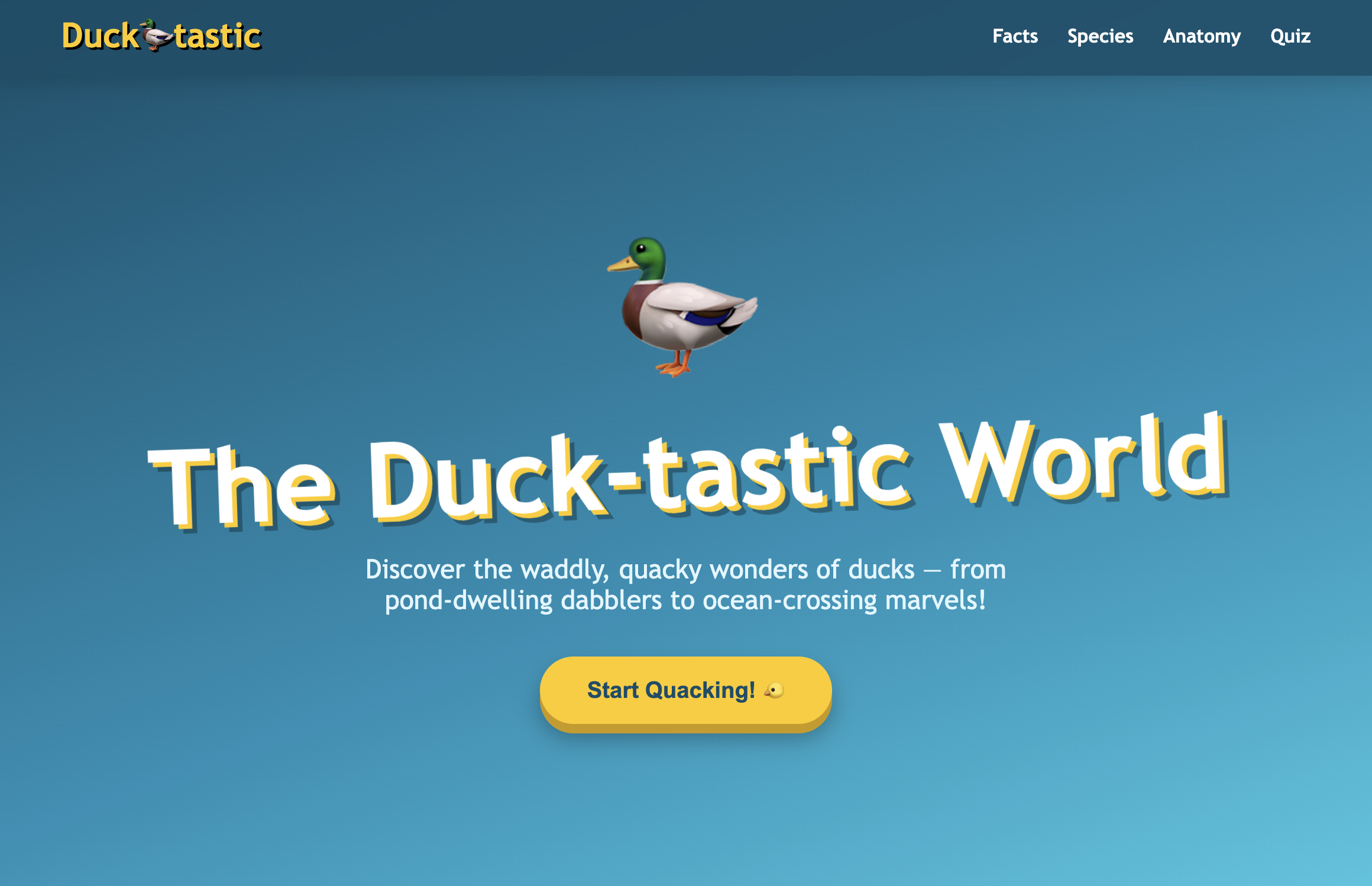 A duck-themed website generated by Ornith 1.5