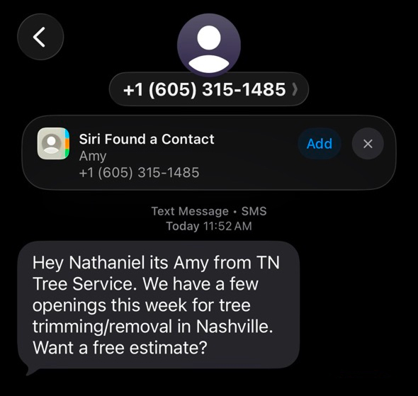 Text message from 'Amy from TN Tree Service' offering a free estimate for tree trimming