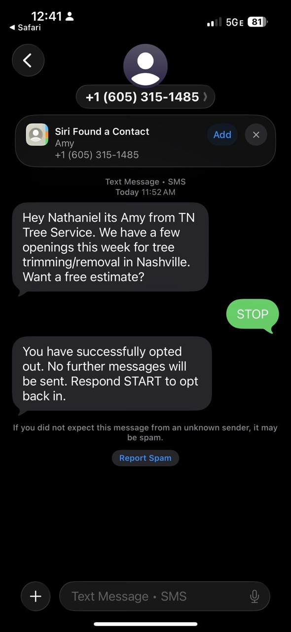 Replying STOP to the tree service text returns an automated opt-out confirmation
